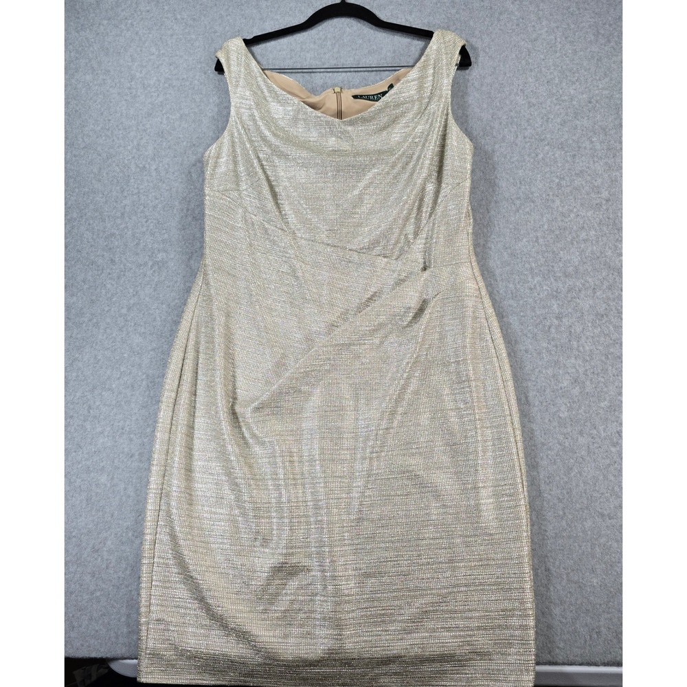 Lauren Ralph Lauren Metallic Silver Gold round Neck Sheath Dress 16 NWT
